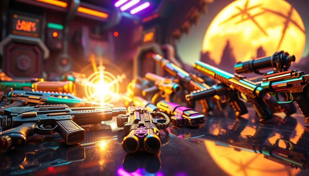 A dynamic and vibrant scene showcasing a collection of shiny legendary weapons from the Borderlands universe, arranged artfully in a mystical display. In the foreground, a dazzling array of guns with intricate designs and luminous textures gleam under dramatic, colorful lighting, highlighting their unique shapes and vibrant colors. In the middle ground, a faint shimmering aura surrounds each item, depicting their legendary status, while faint geometric patterns subtly suggest the mathematical randomness of their drops. The background features a blurred, alien landscape with hints of advanced technology, enhancing the otherworldly atmosphere. The overall mood is thrilling and adventurous, inviting viewers into a realm where luck and skill collide. Soft reflections accentuate the shiny surfaces of the weapons, adding depth and allure to the composition.