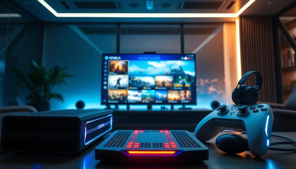A futuristic gaming setup showcasing "Kendala Hardware Cloud Gaming." In the foreground, a sleek gaming console with advanced cooling systems and glowing LED lights. Surrounding it, high-tech peripherals like a premium gaming headset and a controller with customizable features. In the middle ground, a large monitor displaying a vibrant cloud gaming interface, with dynamic visuals representing various games. The background features a modern room setting with dim ambient lighting, emphasizing the gaming atmosphere, perhaps with a subtle view of a city skyline through a window, suggesting an urban tech-savvy environment. The scene is illuminated from the monitor’s glow, creating a captivating and immersive feel, reminiscent of high-end gaming lounges. Focus on clean lines, a polished aesthetic, and an overall sense of excitement and anticipation for gaming innovation.
