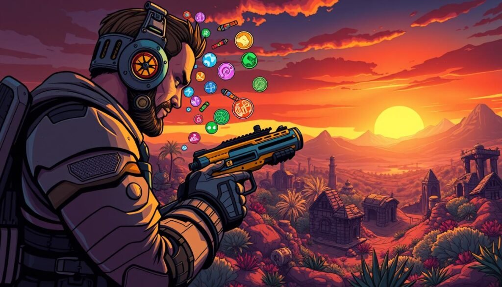 A vibrant and dynamic illustration capturing the essence of "strategi farming dedicated drops" in the Borderlands universe. In the foreground, a well-equipped character in rugged armor examines an iconic Borderlands legendary weapon, with colorful loot icons swirling around them. The middle ground features a whimsical landscape of an alien planet, rich in diverse vegetation and ancient ruins, with hints of loot chests partially hidden among the foliage. The background showcases a dramatic sunset, casting warm hues across the horizon, while distant mountains add depth to the scene. The overall mood is exciting and adventurous, inviting players to engage in the thrill of dedicated drops. The image should utilize a cinematic angle, emphasizing the character's focus on the weapon, with soft lighting to create a mysterious yet appealing atmosphere.
