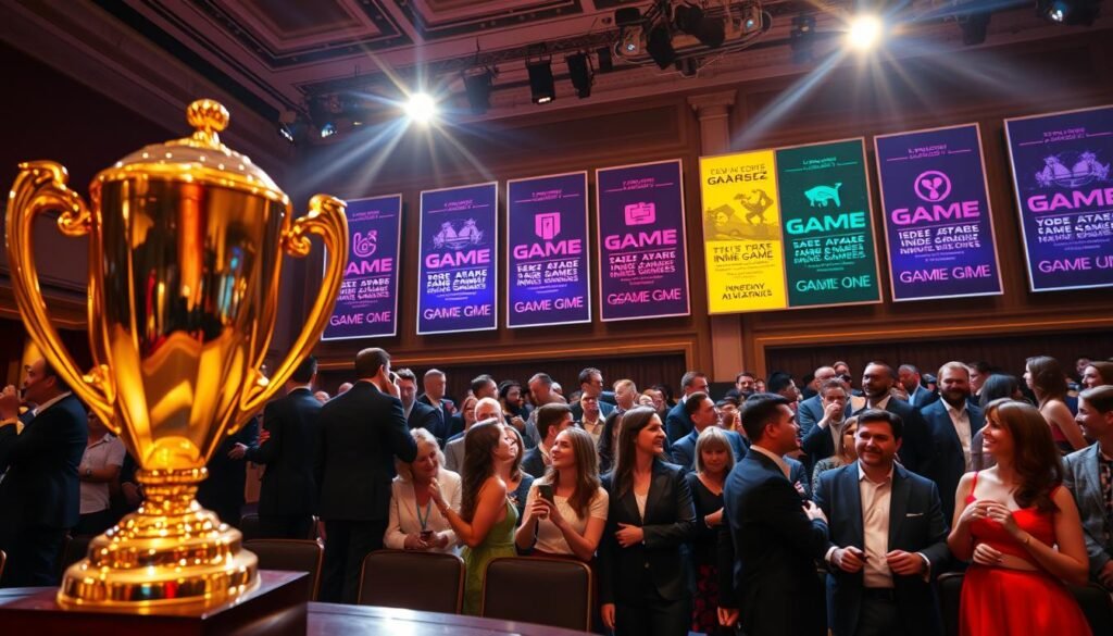 A visually striking representation of the "Game Awards" ceremony, focusing on award categories in a grand, elegant hall. In the foreground, a shining golden trophy prominently displayed, reflecting light. The middle ground features a diverse group of well-dressed attendees, engaged in animated discussion and excitement, wearing formal attire. The background showcases vivid banners representing various game award categories, with dynamic lighting highlighting them. Soft spotlights cast a warm, inviting glow, enhancing the celebratory atmosphere. The overall mood conveys anticipation and enthusiasm for indie games, with polished surfaces and rich colors creating a sense of prestige. The angle captures the essence of an awards night, emphasizing the significance of achievements in gaming. A visually striking representation of the "Game Awards" ceremony, focusing on award categories in a grand, elegant hall. In the foreground, a shining golden trophy prominently displayed, reflecting light. The middle ground features a diverse group of well-dressed attendees, engaged in animated discussion and excitement, wearing formal attire. The background showcases vivid banners representing various game award categories, with dynamic lighting highlighting them. Soft spotlights cast a warm, inviting glow, enhancing the celebratory atmosphere. The overall mood conveys anticipation and enthusiasm for indie games, with polished surfaces and rich colors creating a sense of prestige. The angle captures the essence of an awards night, emphasizing the significance of achievements in gaming.