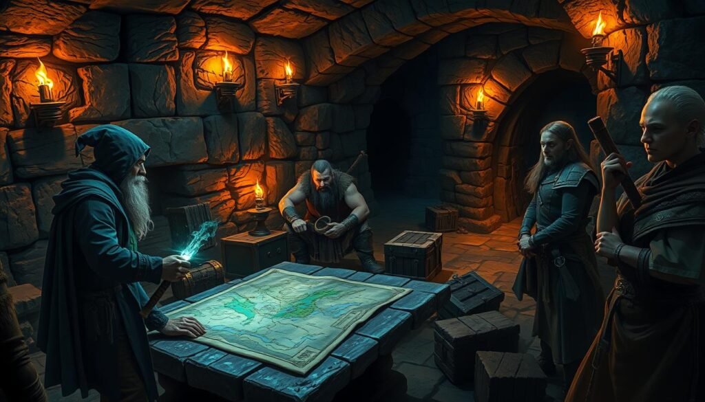 A dynamic fantasy scene set in a dimly lit dungeon, showcasing a diverse team of adventurers strategizing their approach. In the foreground, a human wizard with a glowing staff consults a detailed map spread over a stone table, while a muscular dwarf arms himself with an axe. Nearby, an agile elf examines a lock on a treasure chest, and a poised cleric observes their surroundings with a vigilant gaze. The middle layer features ancient stone walls adorned with flickering torches, casting dramatic shadows, while crates and equipment lay scattered, hinting at previous encounters. In the background, a shadowy passage leads deeper into the dungeon, inviting mystery and danger. The atmosphere is tense yet focused, with flickering lighting enhancing the sense of urgency and teamwork. A dynamic fantasy scene set in a dimly lit dungeon, showcasing a diverse team of adventurers strategizing their approach. In the foreground, a human wizard with a glowing staff consults a detailed map spread over a stone table, while a muscular dwarf arms himself with an axe. Nearby, an agile elf examines a lock on a treasure chest, and a poised cleric observes their surroundings with a vigilant gaze. The middle layer features ancient stone walls adorned with flickering torches, casting dramatic shadows, while crates and equipment lay scattered, hinting at previous encounters. In the background, a shadowy passage leads deeper into the dungeon, inviting mystery and danger. The atmosphere is tense yet focused, with flickering lighting enhancing the sense of urgency and teamwork.