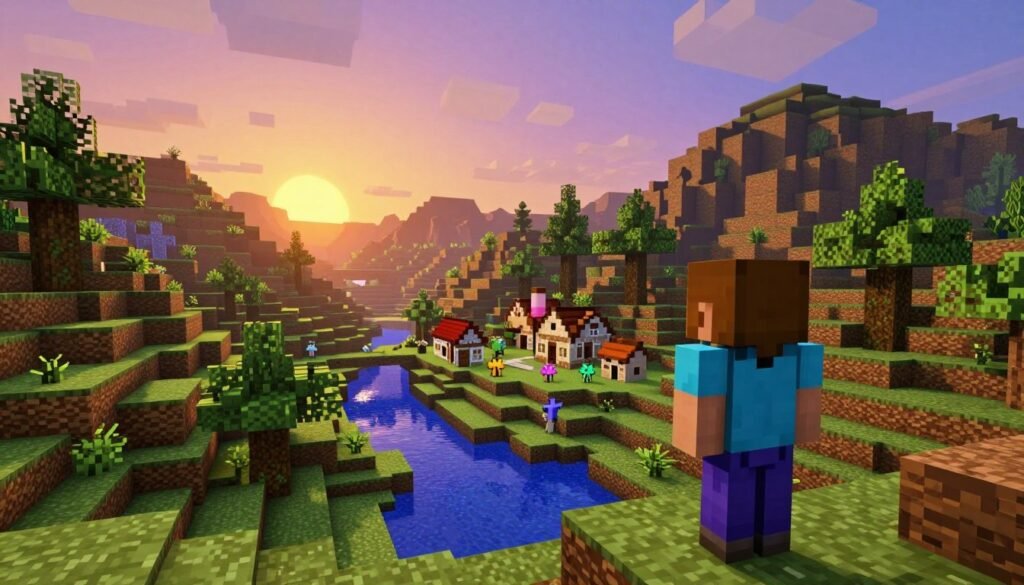 A vibrant, expansive Minecraft landscape showcasing procedural generation. In the foreground, a player avatar equipped with basic tools stands on a blocky terrain, observing a rich variety of biomes: lush green forests, towering mountains, and a flowing river with shimmering water. The middle ground features a stunning sunset casting warm orange and purple hues across the sky, illuminating a village of blocky houses with simple, yet charming designs. In the background, a vast expanse of rolling hills and distant mountains stretches to the horizon, adding depth and a sense of infinity to the world. The atmosphere is adventurous and inviting, encouraging exploration and creativity. The image is captured with a vibrant color palette, highlighting the unique, cubic aesthetic of Minecraft's open-world sandbox experience.